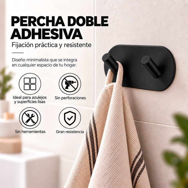 Imagen de PERCHA Adhesiva 2 Ganchos Acero Negro 9.5x4.5x3cm Prof