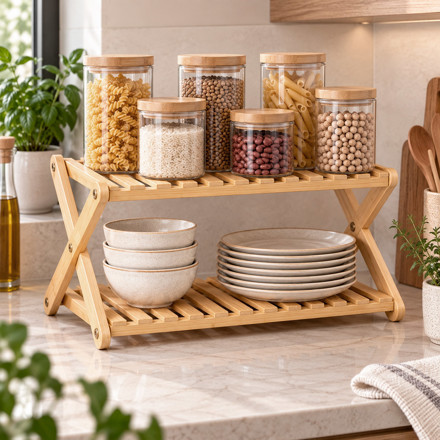 Imagen de ESTANTERIA Organizadora Madera Bambú 2 Niveles 50*25*25cm